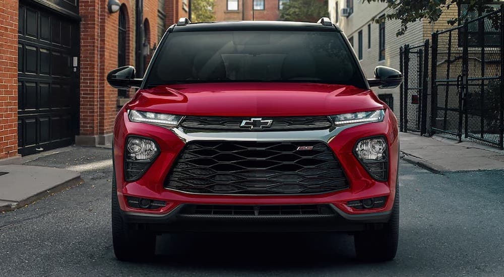 A red 2022 Chevy Trailblazer parked in a residential block after leaving a used car dealer near Indianapolis.