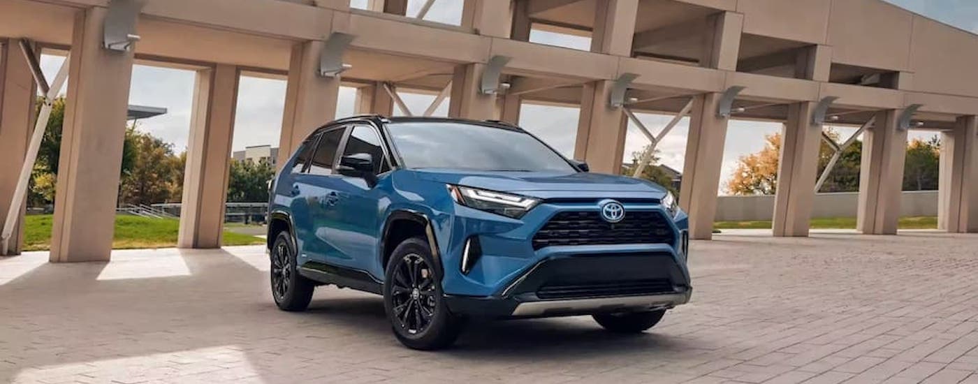 A blue 2022 Toyota RAV4 Prime is shown from the front at an angle.